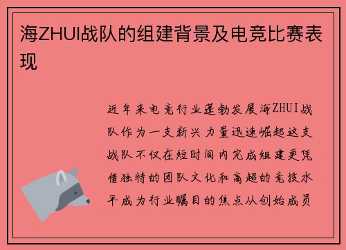 海ZHUI战队的组建背景及电竞比赛表现